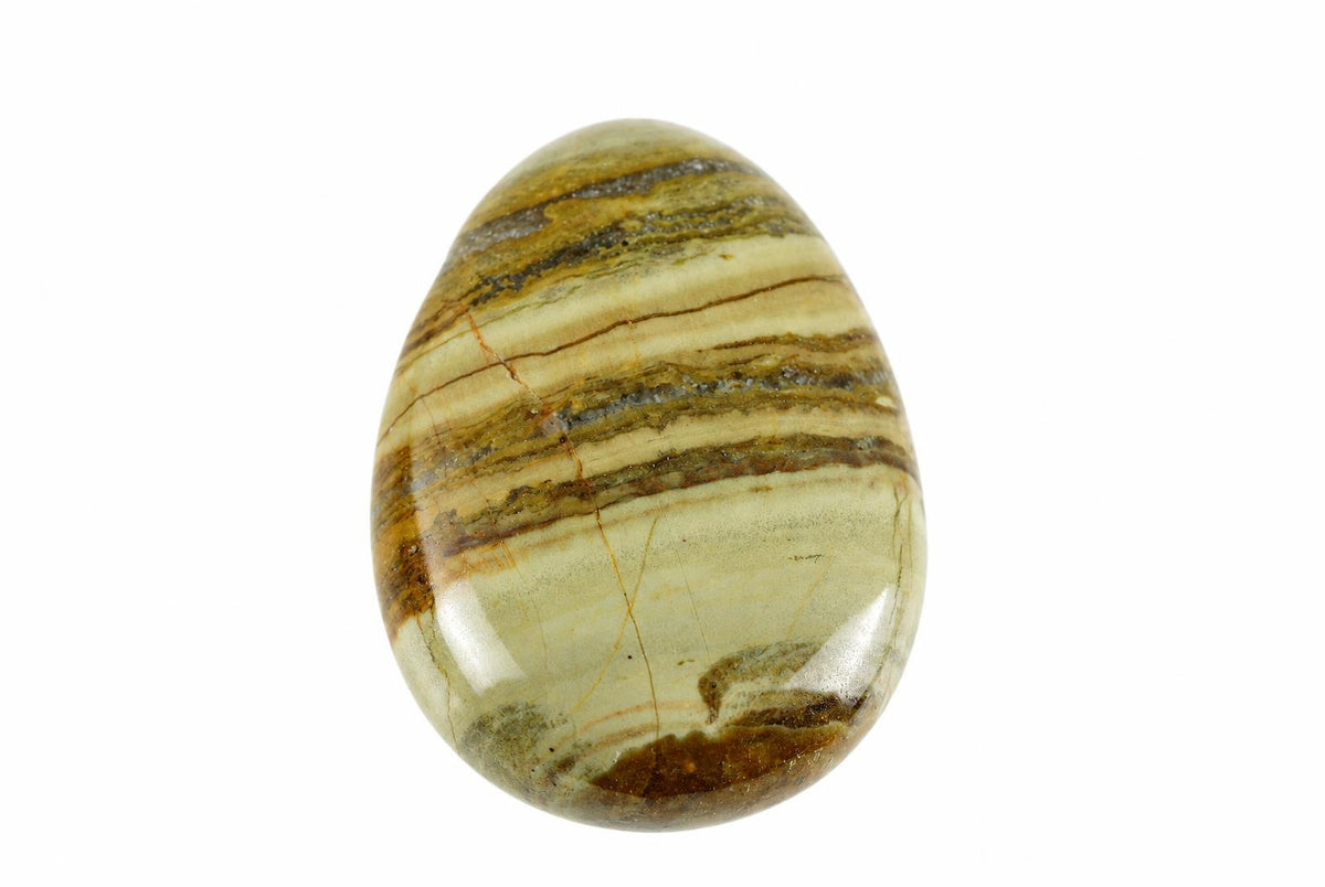 A polished, oval-shaped stone with horizontal stripes of cream, brown, and dark grey on a white background.