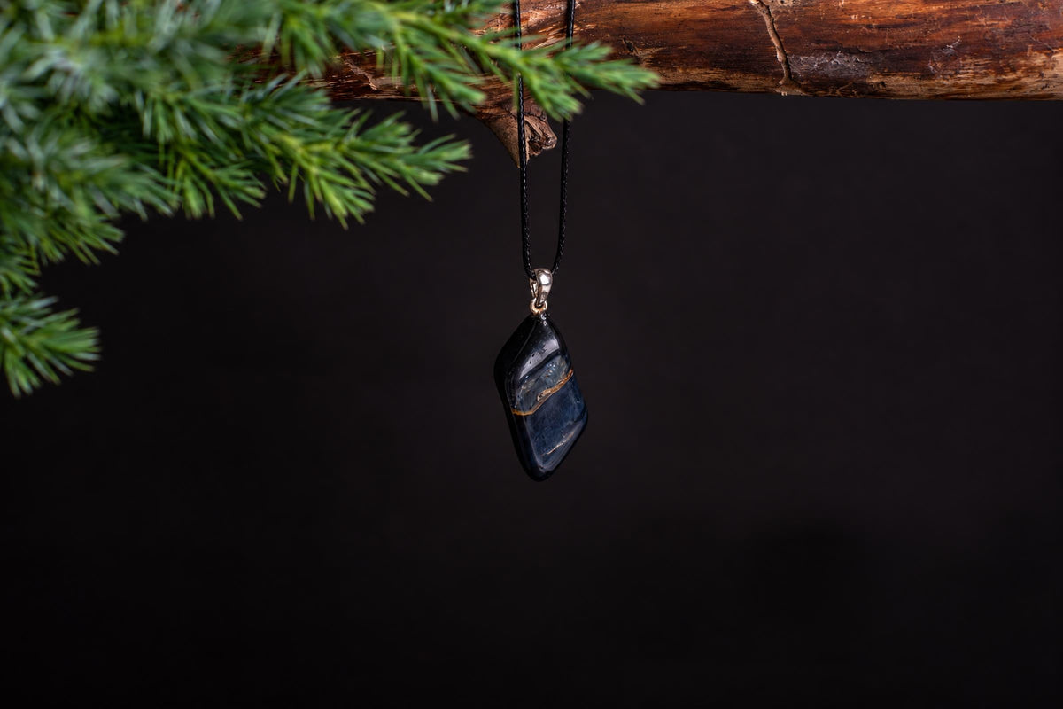 A polished dark blue pendant with lighter diagonal bands hangs from a black cord beneath a branch beside green foliage.