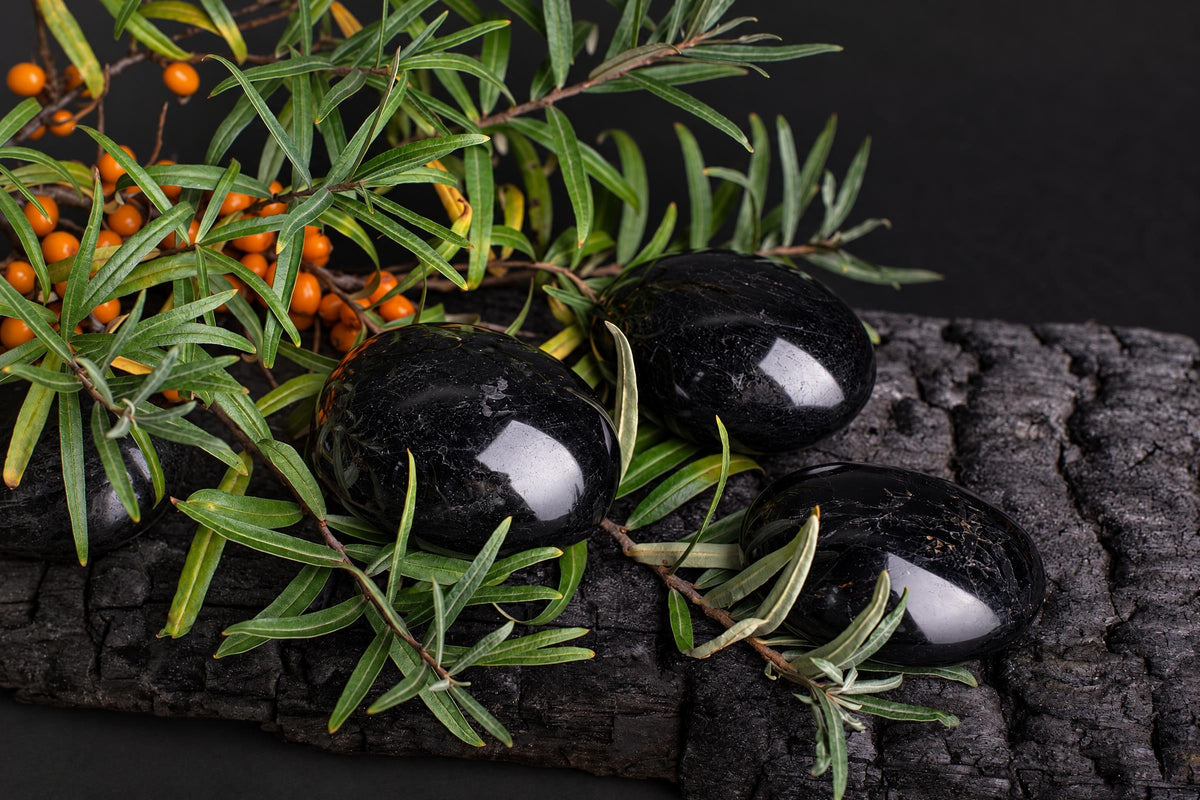 Three polished black stones rest on a dark wooden surface, surrounded by green leaves and small orange berries.