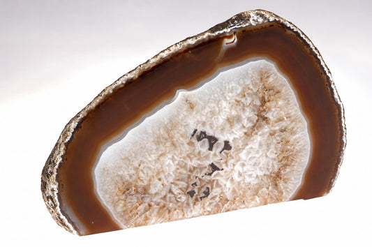 A polished agate slice with a dark brown outer band and a white, crystalline inner core on a pale surface.