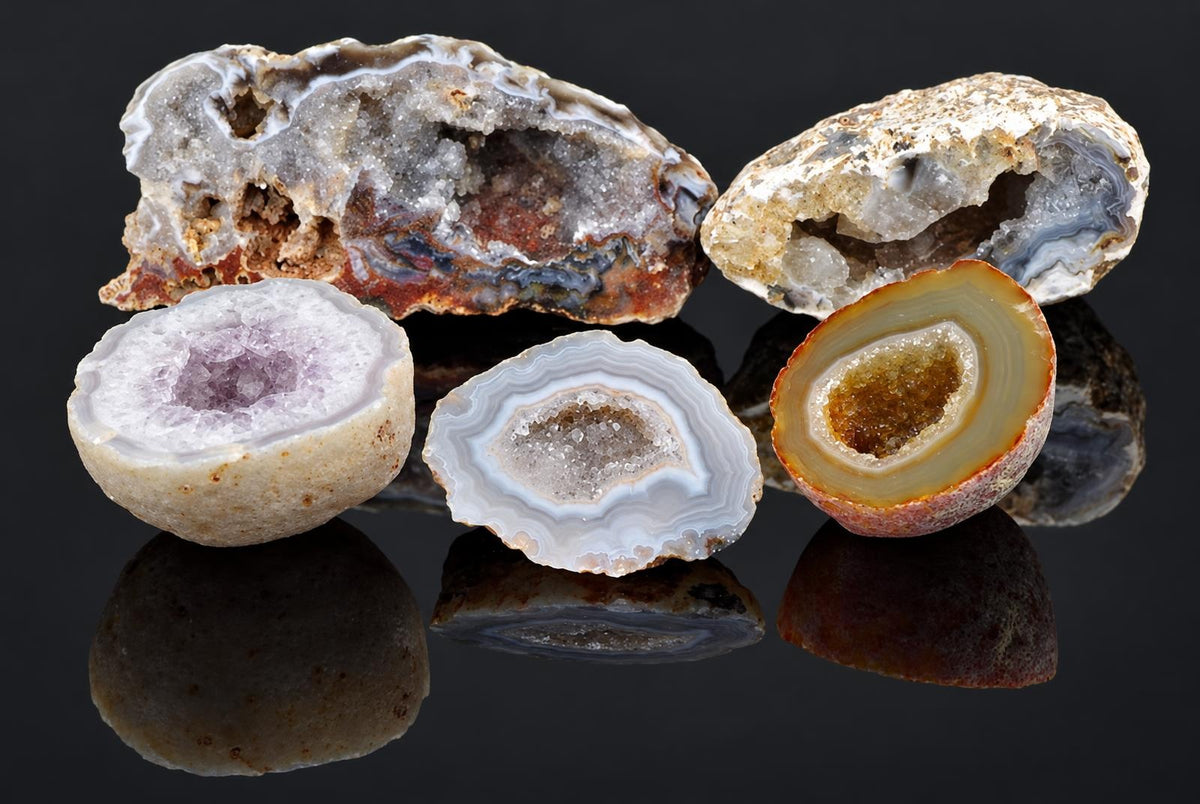 Five polished geode slices and two raw specimens display varied crystal interiors on a dark, reflective surface.