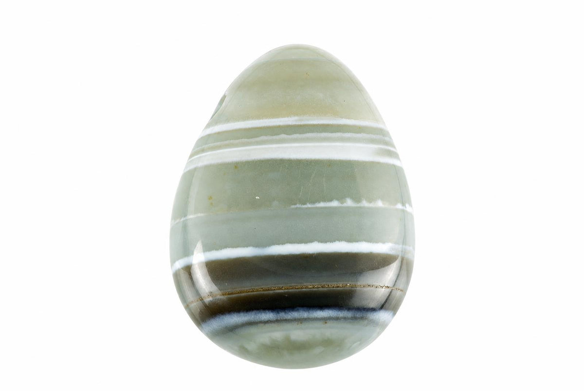 A polished, egg-shaped agate pendant with horizontal bands of pale green, white, dark brown and blue on a white background.
