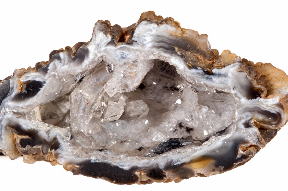 An open rough agate nodule reveals a pale crystal cavity bordered by grey and brown bands on a white background.