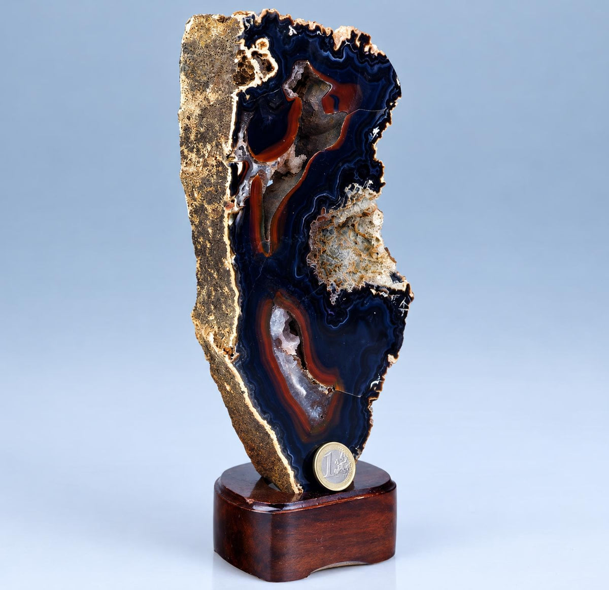 A polished agate slice with dark blue, red and white bands stands on a wooden base against a pale background.