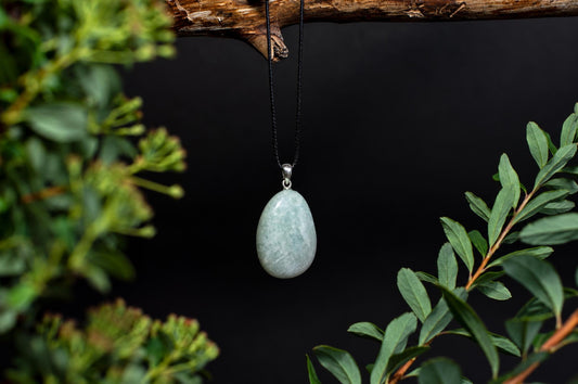 A smooth, pale green pendant hangs from a black cord on a dark surface, framed by green foliage.