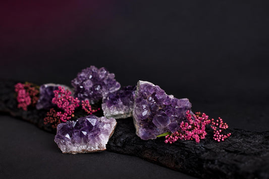 Several purple amethyst crystal clusters with white bases rest on a dark wooden surface, accompanied by small pink flowers.