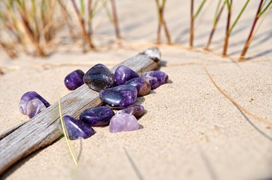 Several polished purple amethyst stones rest on a weathered wooden stick placed on light sand with dry grass in the background.