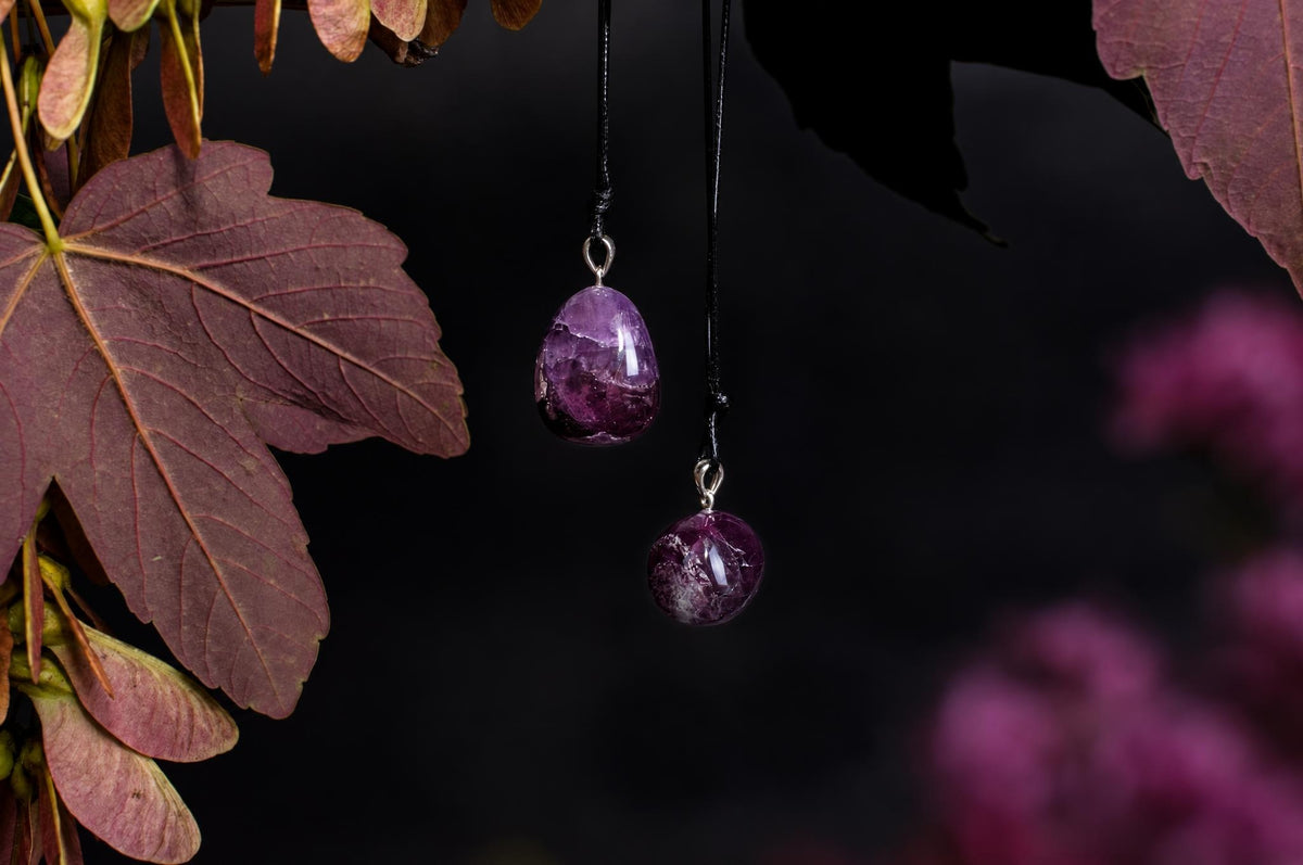 Two purple amethyst pendants hang from black cords against a dark background with reddish leaves.