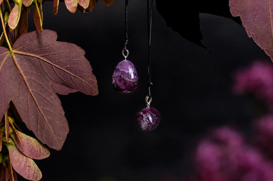 Two purple amethyst pendants hang from black cords against a dark background with reddish leaves.