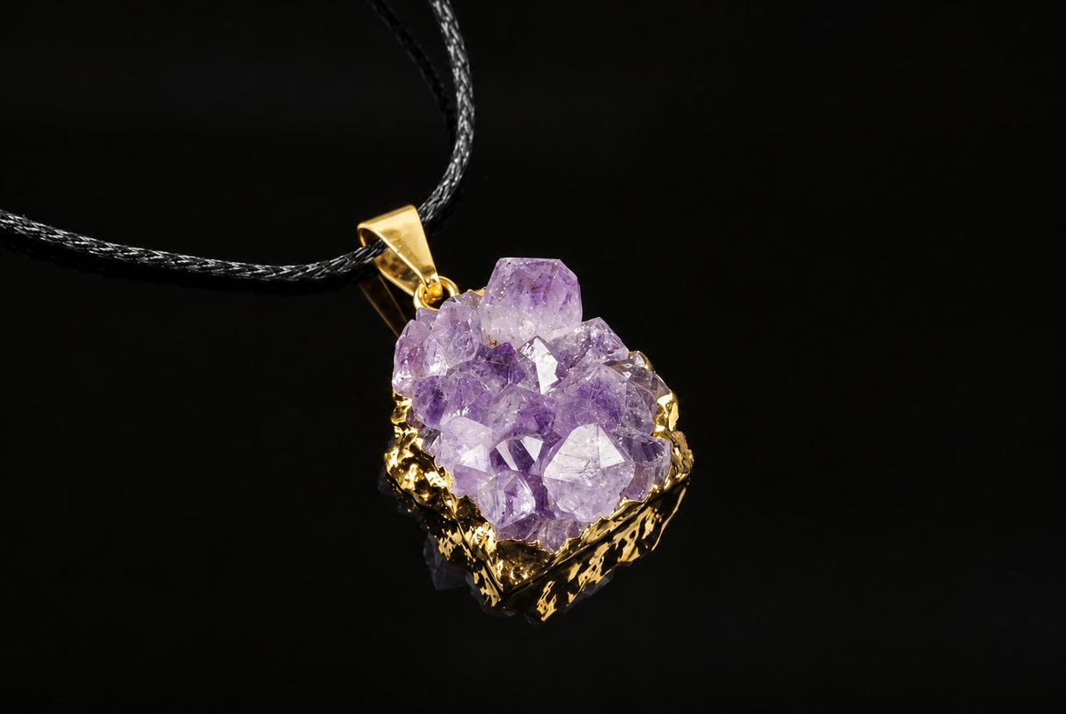 A purple amethyst crystal cluster pendant has a gold coloured surround and hangs from a black cord against a dark background.