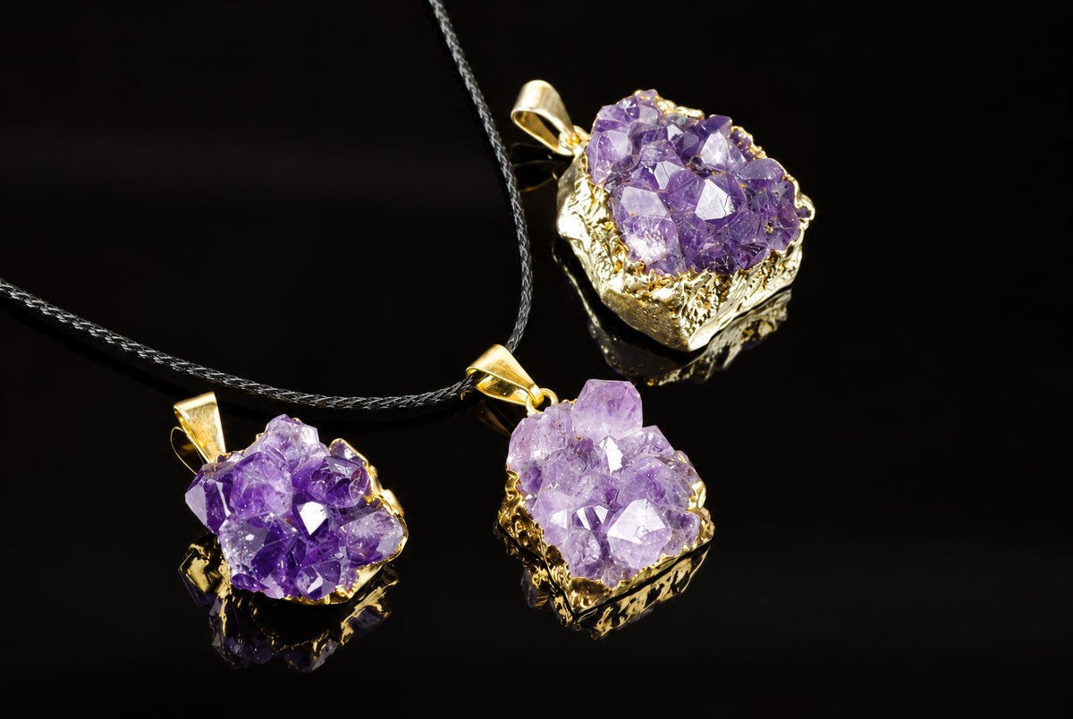 Three gold-coloured pendants with purple amethyst crystal clusters on black cords, displayed on a dark reflective surface.