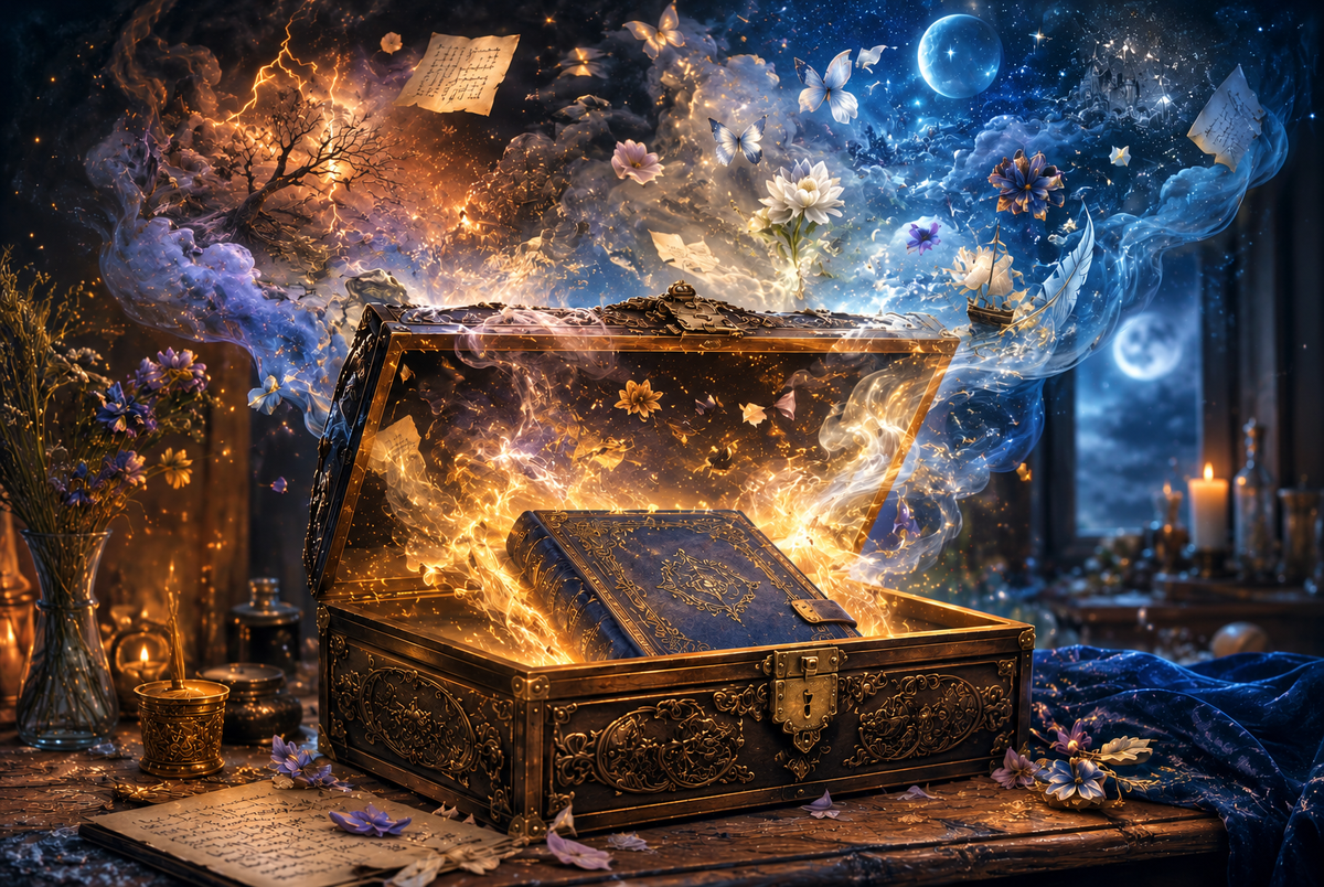 Fantasy illustration of an ornate open chest holding a blue book, surrounded by glowing swirls, flowers, butterflies and floating papers.