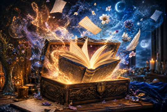 An ornate open book glowing with golden light sits inside a decorative chest on a wooden table, surrounded by magical elements including floating papers, flowers, and swirling energy.