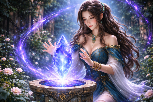 A woman with long brown hair in a blue dress stands beside a stone pedestal, her hands raised toward a glowing purple crystal that emits light and magical energy.