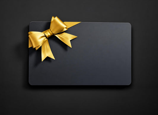 Gift-card artwork shows a dark rectangular card with a gold-coloured bow against a dark background.