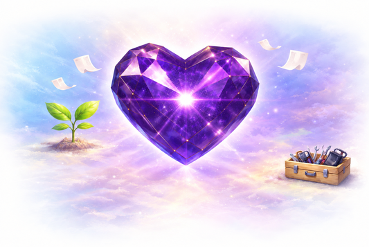 Fantasy illustration of a glowing purple faceted heart between a green sprout and an open toolbox, with papers floating above.
