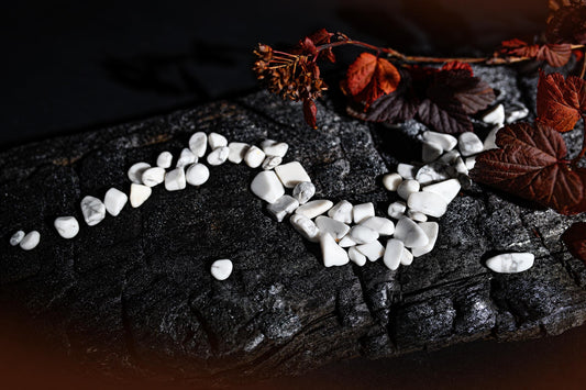 Small white polished stones with grey veins are scattered on a dark textured surface beside reddish leaves.