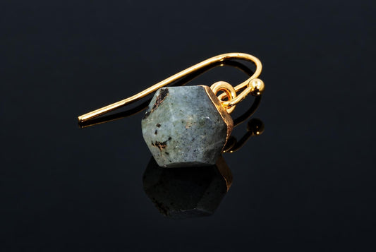 A gold-coloured wire earring with a faceted, pale blue-grey stone speckled with dark spots on a dark reflective surface.