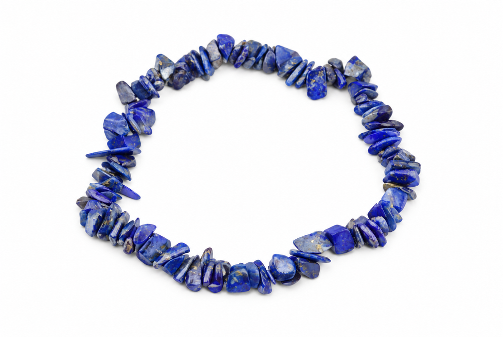 A bracelet of irregular blue stone chips with pale and gold-toned flecks forms a loop on a white background.