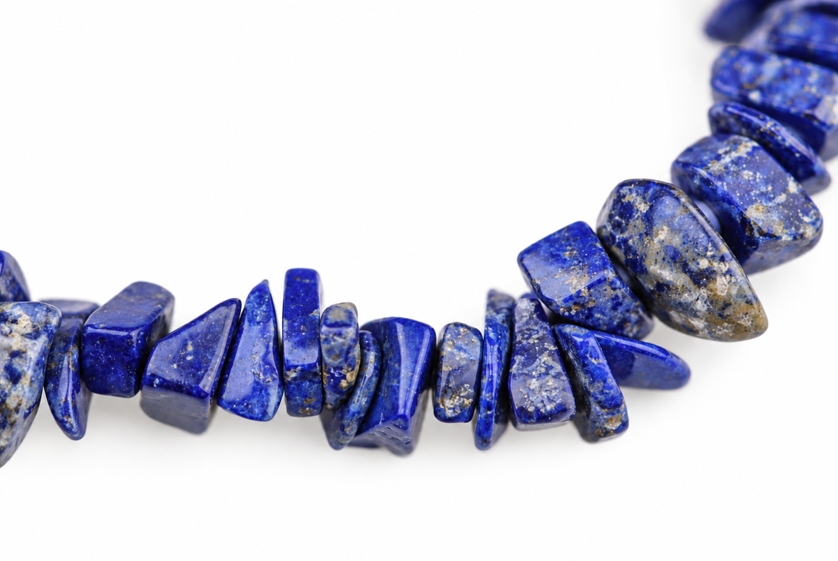 Close-up of glossy irregular blue stone chips with pale mottling and gold-toned speckles against white.