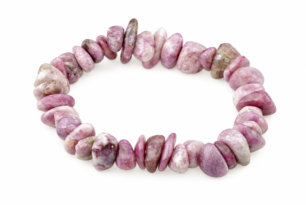 A bracelet made of smooth, polished chips in shades of pink, purple and white on a pale surface.