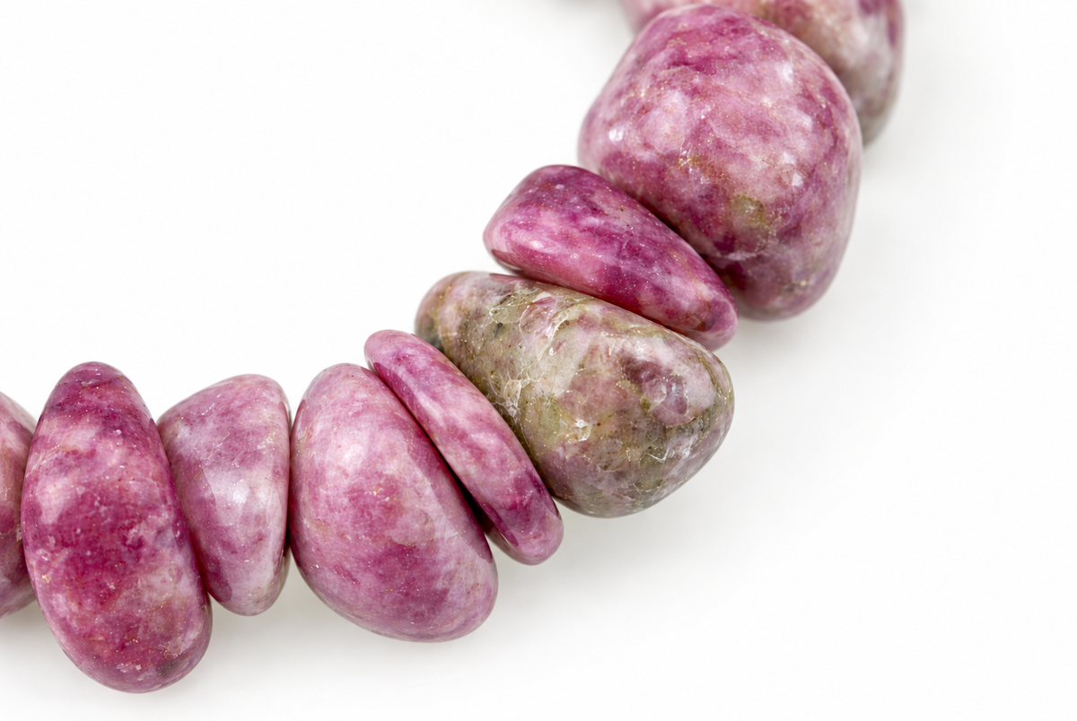 A string of polished, irregularly shaped beads in shades of pink and purple with greenish tones on a white surface.