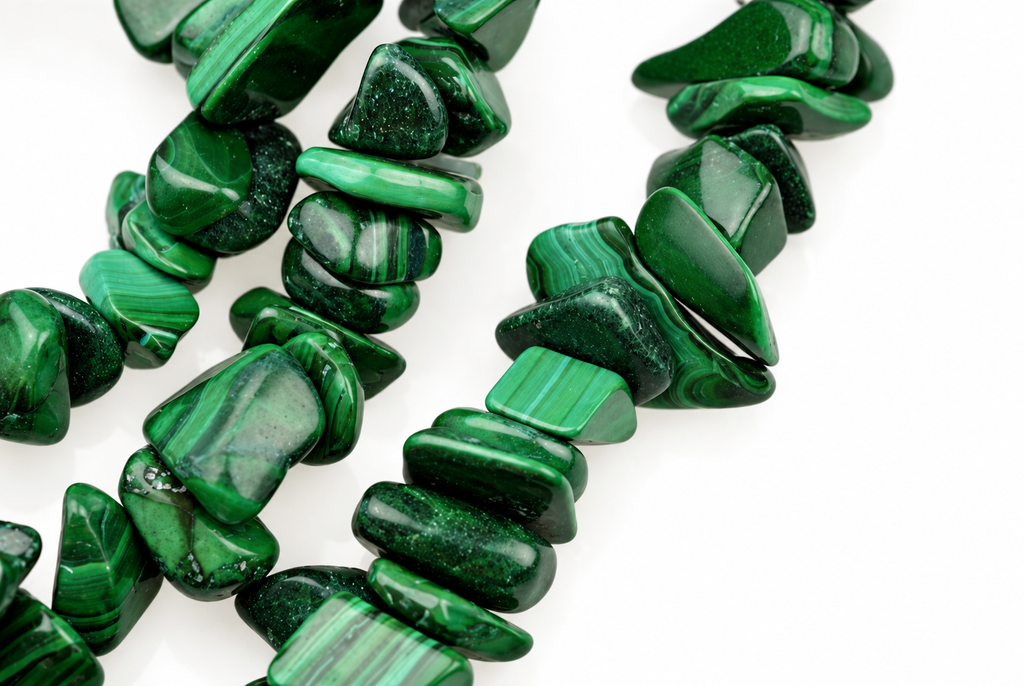 A strand of polished green malachite chips with natural banding, arranged on a white surface.
