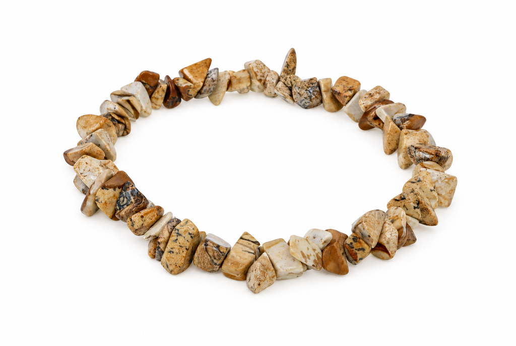 A bracelet made of irregular jasper chips in shades of brown, cream and black, arranged on a white surface.
