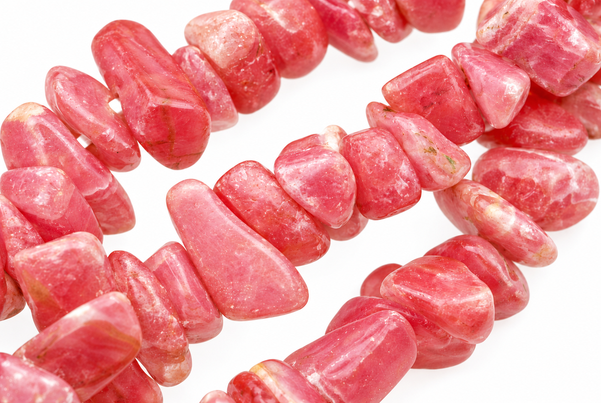 A strand of pink rhodochrosite chips arranged in a loose coil on a white surface.