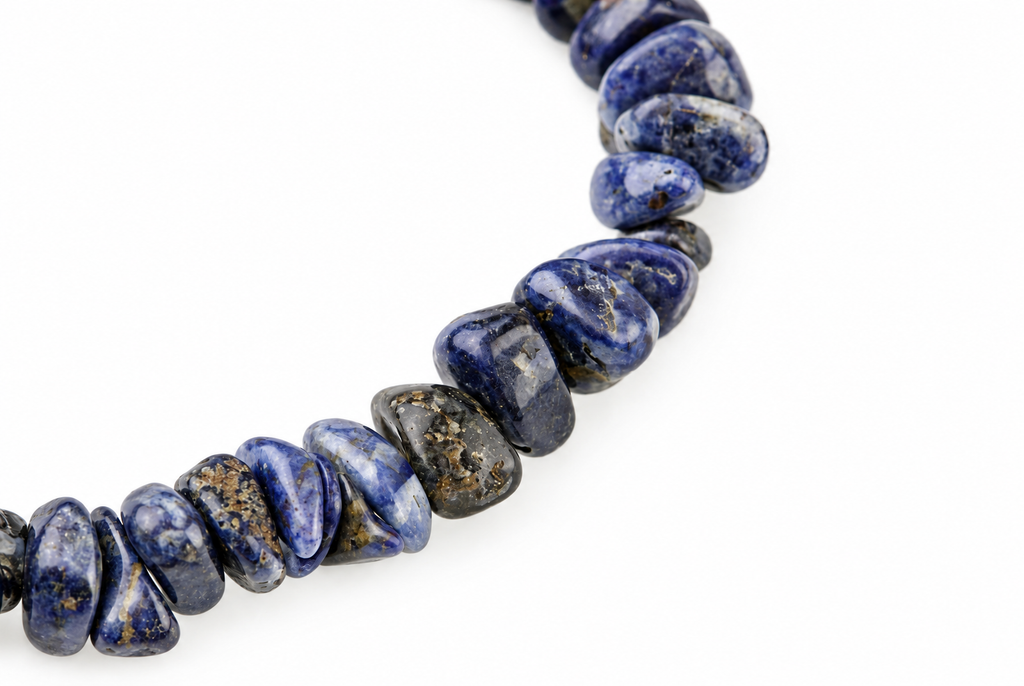 Close-up of polished blue, grey and white stone chips with mottled markings curving across a white background.