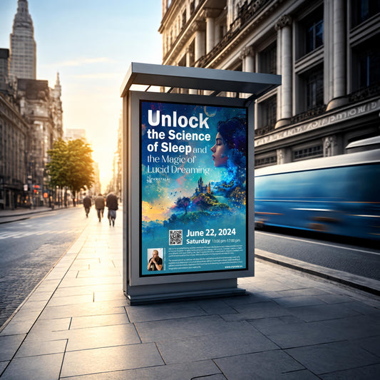 A digital billboard on a city sidewalk displays an advertisement for a seminar titled 'Unlock the Science of Sleep and the Magic of Lucid Dreaming' with event details.