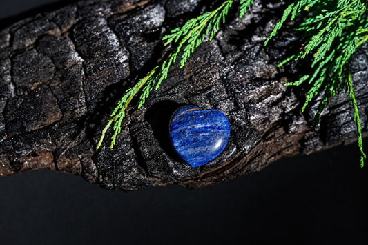 A glossy blue heart-shaped stone with pale streaks rests on a dark textured surface under green sprigs.