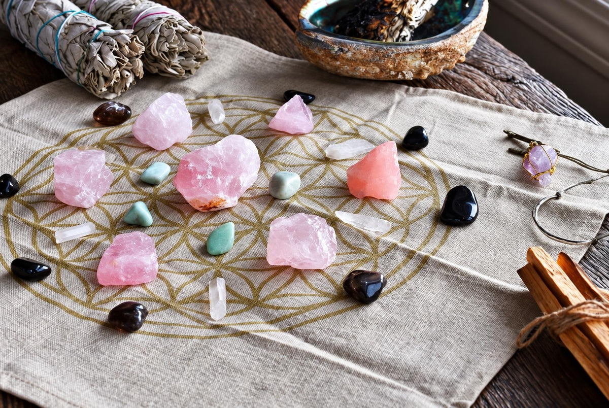 Pink rough crystals and green and black polished stones are arranged on patterned cloth beside bundled herbs and a shallow bowl.