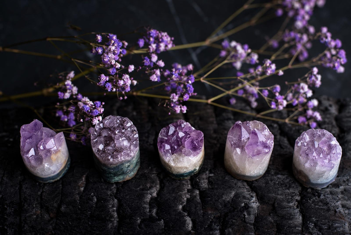Five purple amethyst crystal clusters on a dark surface, with dried purple flowers in the background.