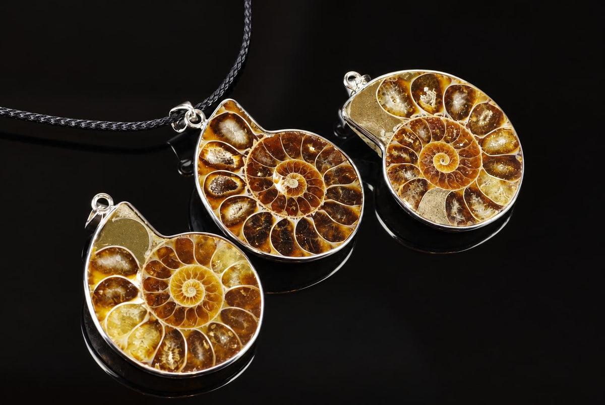 Three silver-toned ammonite pendants with spiral brown and yellow fossils on dark surfaces.