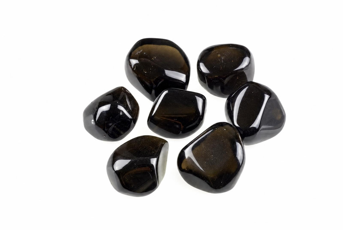 Seven polished Apache tear stones with dark brown and black surfaces, arranged on a white background.