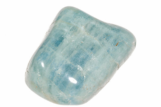 A polished, smooth stone with a light blue and white mottled pattern on a plain white background.