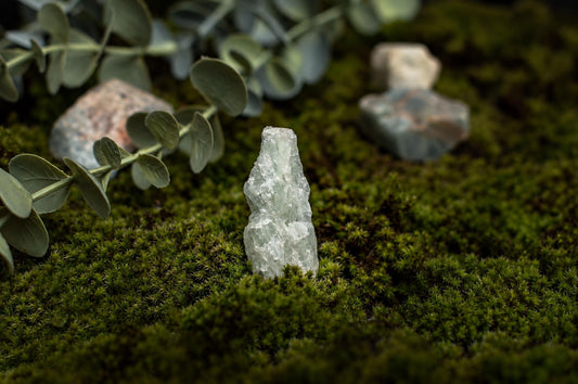 A pale green raw aquamarine piece stands upright on moss, with irregular translucent surfaces and leafy branches in the background.