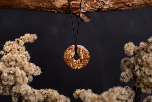 A brown, donut-shaped pendant with a central hole hangs from a black cord against a dark background.