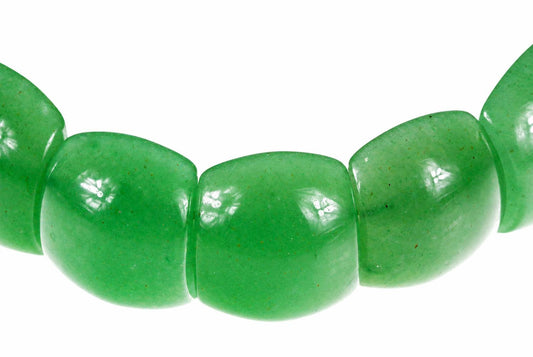 A close-up view of a bracelet featuring smooth, rounded beads in a translucent green color against a white background.