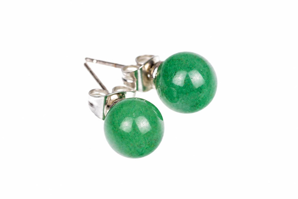A pair of round green aventurine stud earrings with silver-toned posts and butterfly backs on a white background.