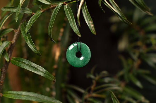 A green aventurine pendant shaped like a donut hangs from a black cord among dark green leaves.