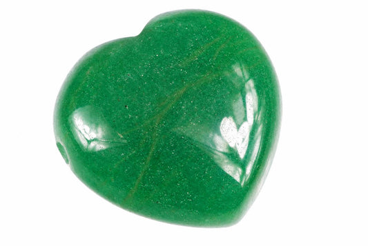 A polished green aventurine heart-shaped pendant with a smooth surface and subtle internal inclusions, set against a white background.