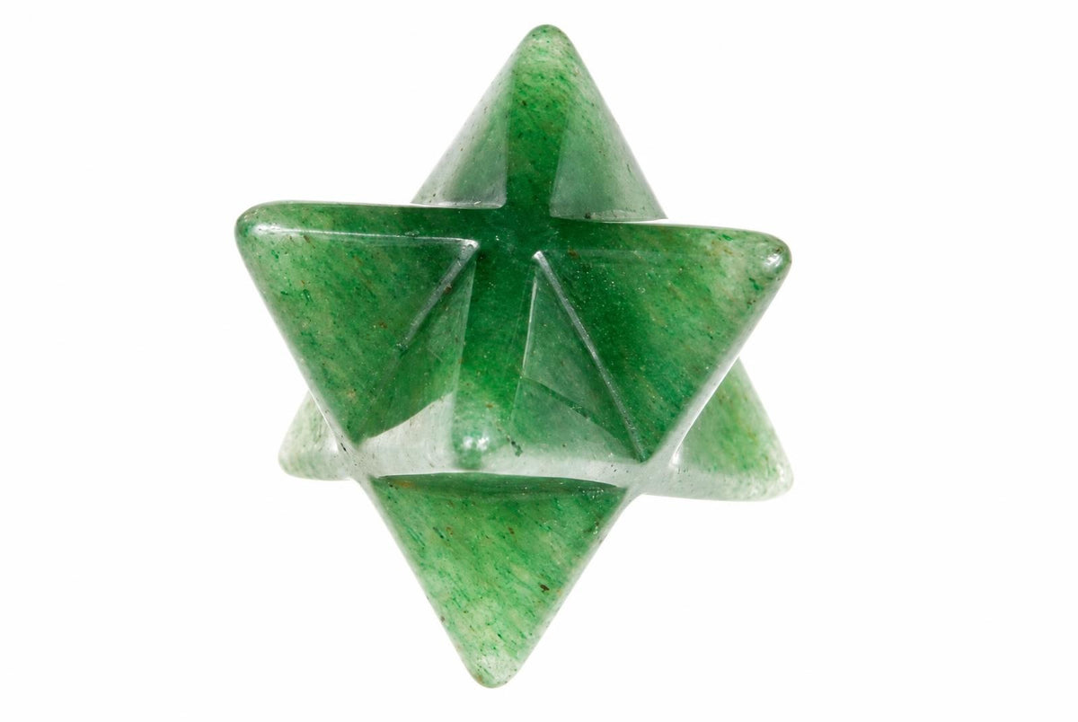 A green Aventurine pendant shaped as a Merkabah star, polished with visible speckles on a white background.