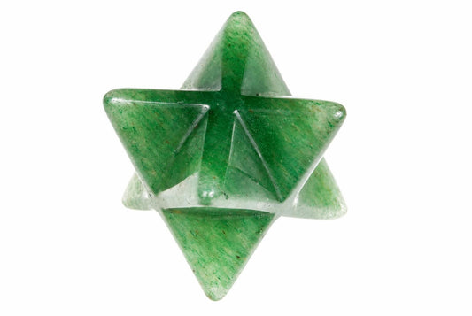 A green Aventurine pendant shaped as a Merkabah star, polished with visible speckles on a white background.