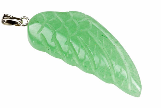 A light green aventurine pendant carved into a wing shape with engraved lines, attached to a silver-toned bail on a white background.