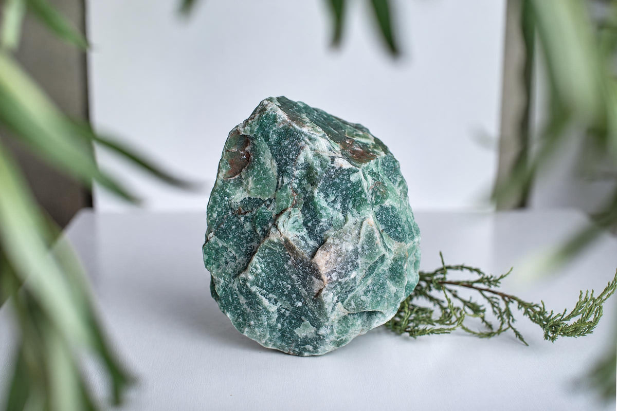 A large, rough green stone with white and brown patches sits on a pale surface, surrounded by blurred green leaves.