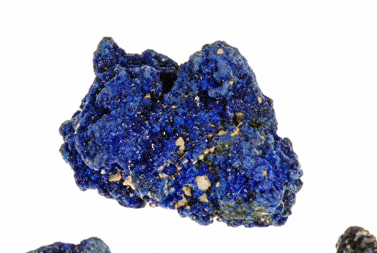 A rough, deep blue azurite mineral specimen with a bumpy texture and small light-colored inclusions on a white background.