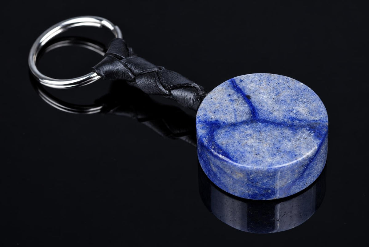 A round blue quartz stone is attached to a braided black leather loop and a metallic key ring on a dark reflective surface.