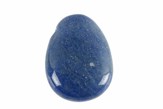A polished, dark blue stone with white flecks, shaped like a smooth drop on a pale surface.